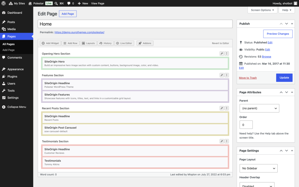 SiteOrigin Page Builder editing a page in wp-admin