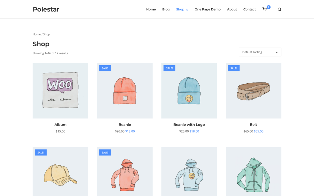 WooCommerce shop page styled by the polestar theme