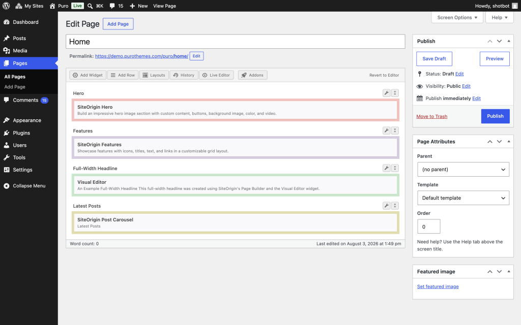 SiteOrigin Page Builder editing a page in wp-admin