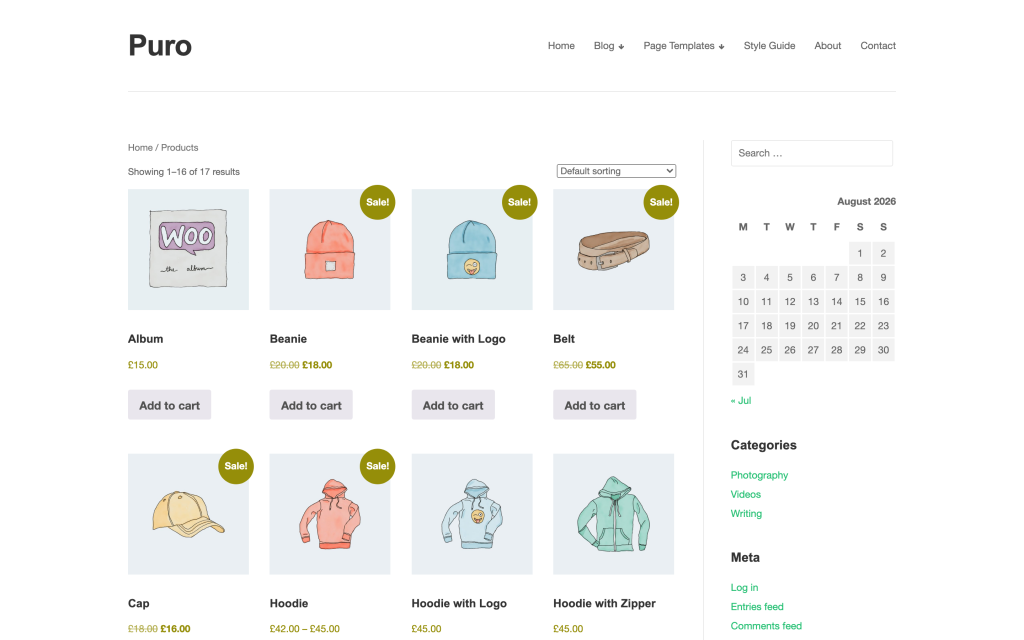 WooCommerce shop page styled by the puro theme
