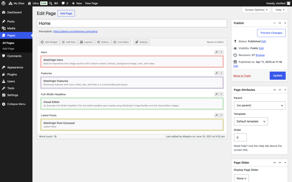 SiteOrigin Page Builder editing a page in wp-admin