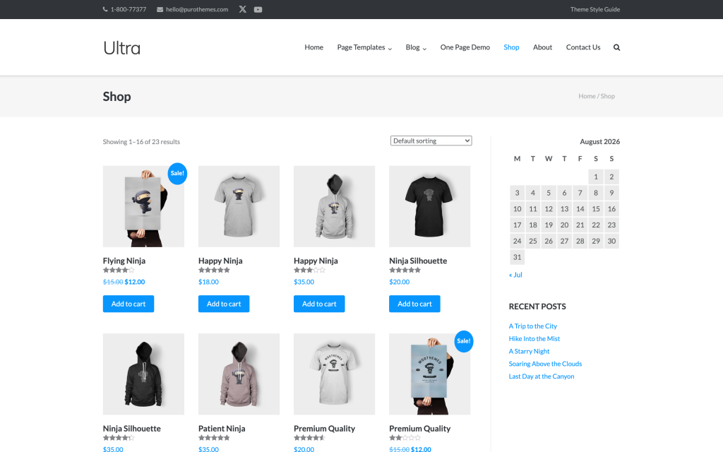 WooCommerce shop page styled by the ultra theme